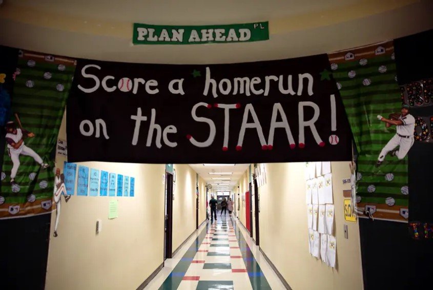 STAAR decorations adorned the hallways of Wharton Elementary School in 2018. Gov. Greg Abbott said Monday that Texas students must take the state standardized test next spring, but fifth and eighth graders can graduate without passing it.